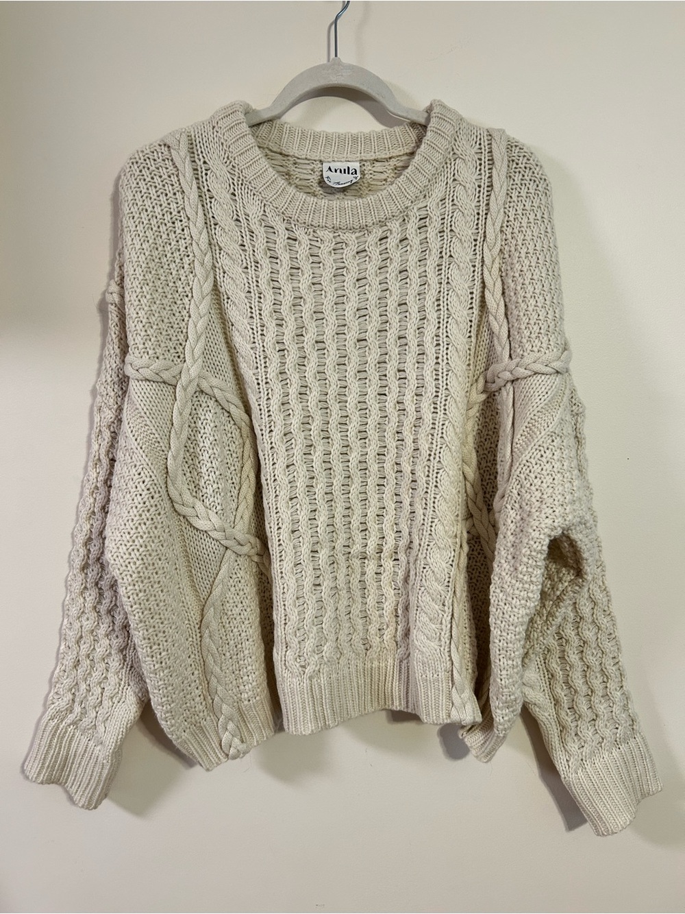 ARULA Cream Cable Knit Crewneck Sweater